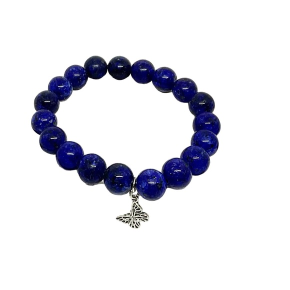 Lapis Lazuli Beaded-Stretch Bracelet with Sterling Silver Butterfly - Picture 1 of 2